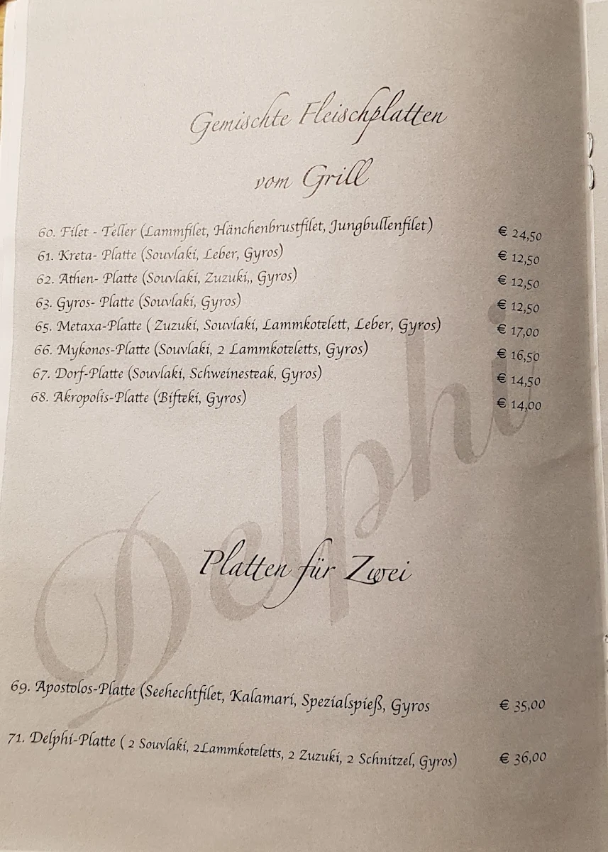 Speisekarte, Restaurant Delphi