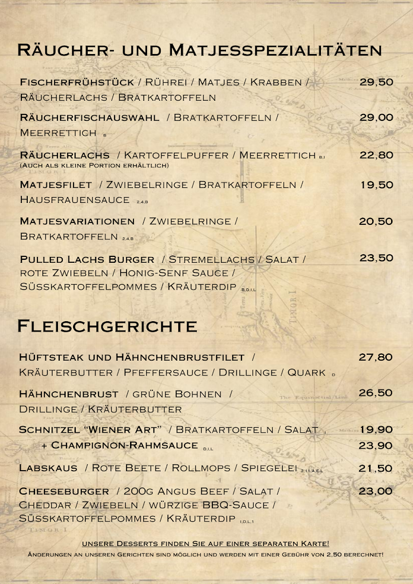 Speisekarte, Restaurant Brücke Hooksiel