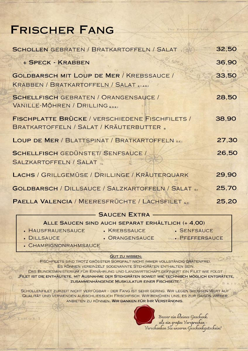 Speisekarte, Restaurant Brücke Hooksiel