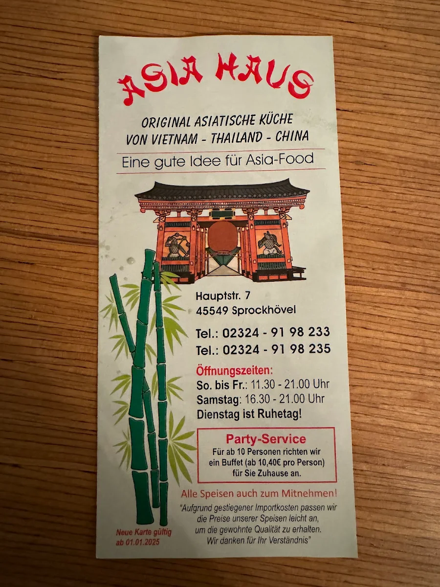 Speisekarte, Asia Haus
