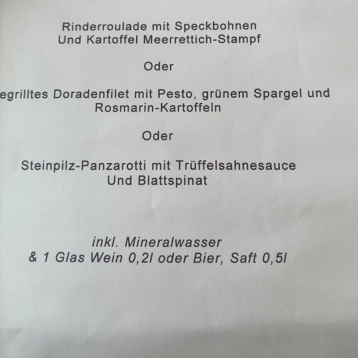 Speisekarte, Strickers Kehr Wieder Spitze