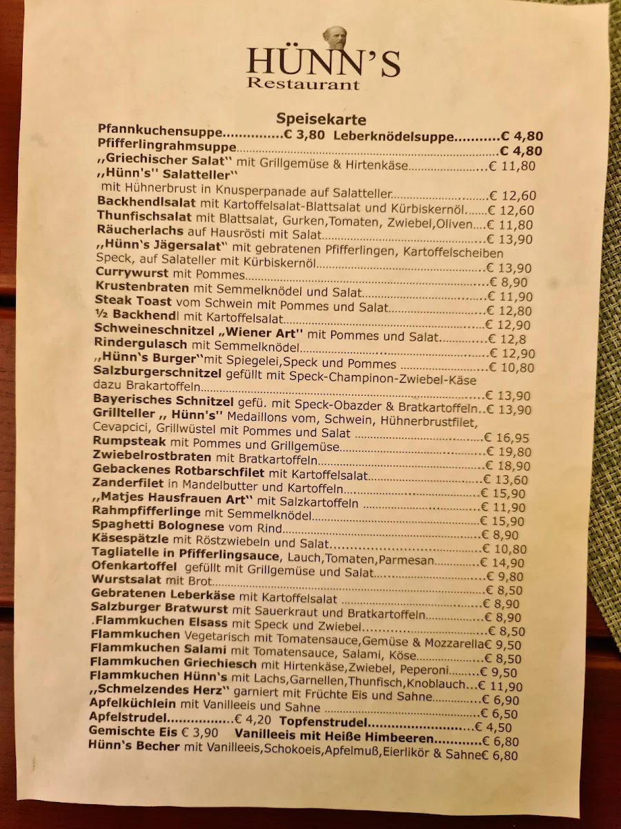 Speisekarte, RESTAURANT HÜNNS