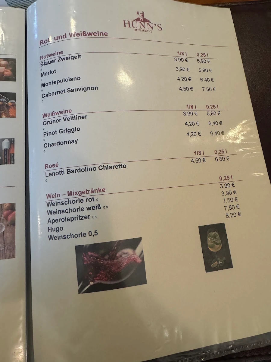 Speisekarte, RESTAURANT HÜNNS