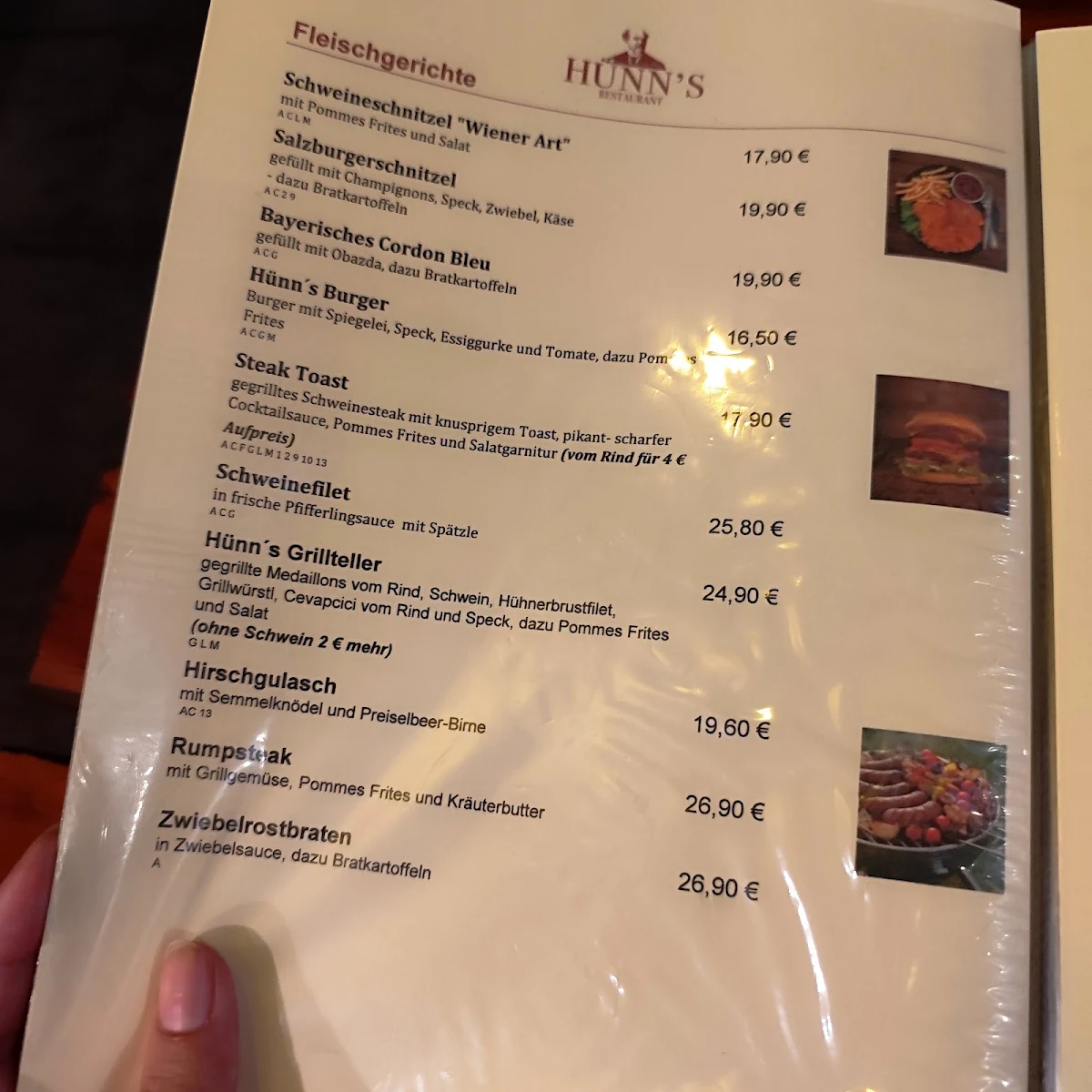 Speisekarte, RESTAURANT HÜNNS