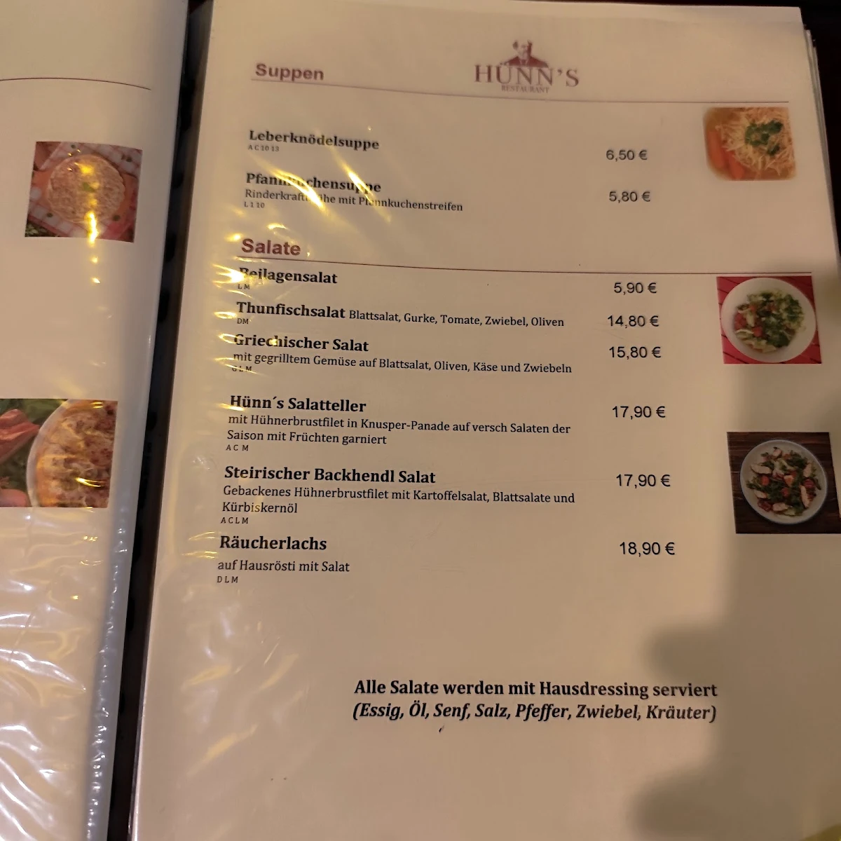Speisekarte, RESTAURANT HÜNNS