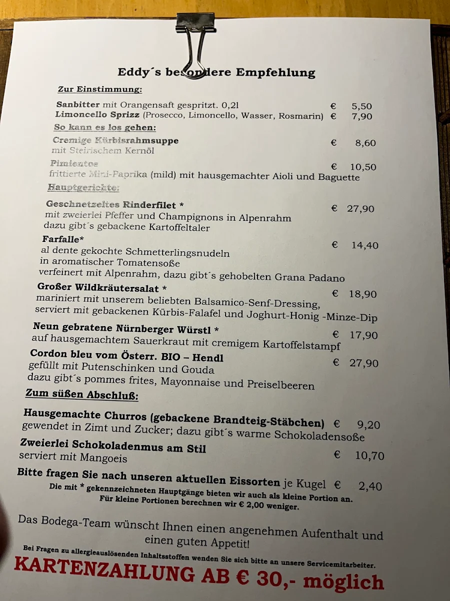 Speisekarte, Eddy's Bodega