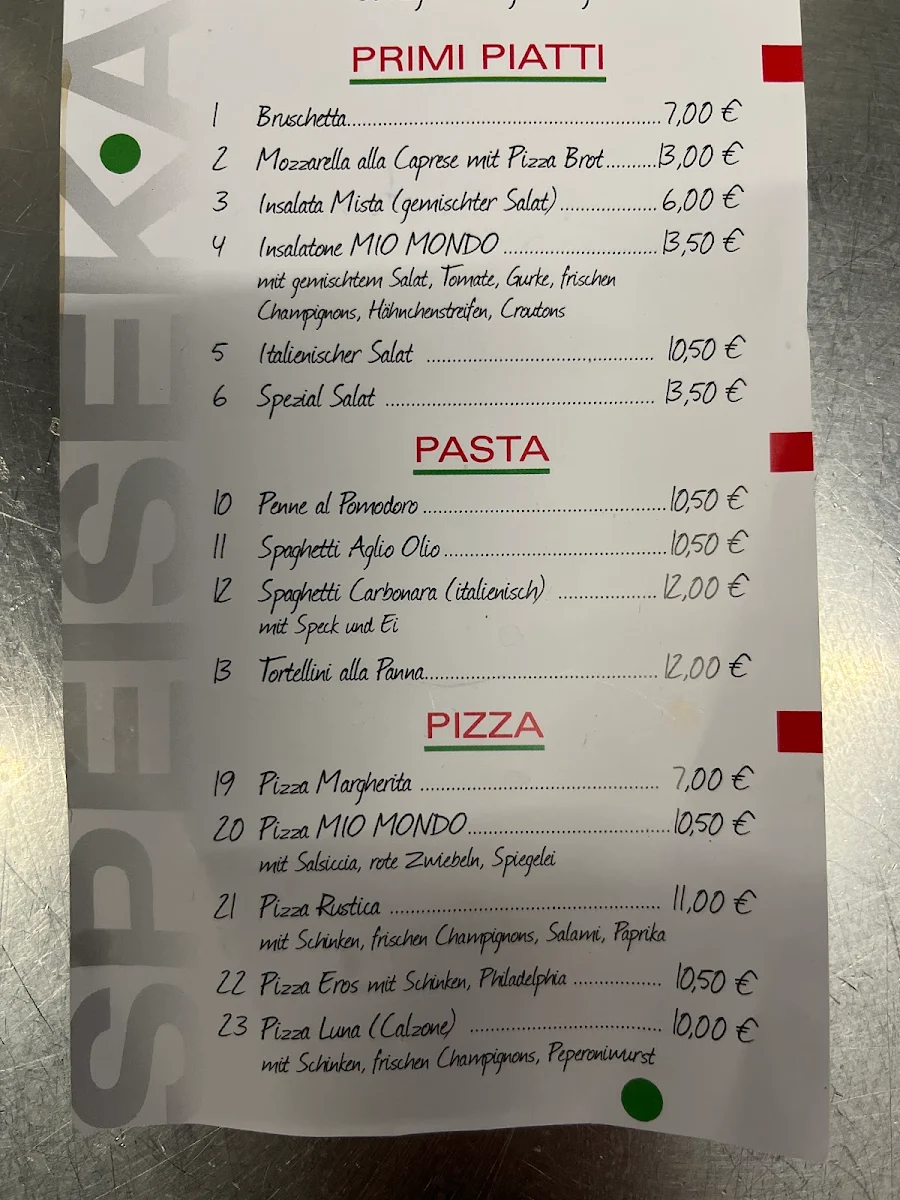 Speisekarte, Pizzeria Mio Mondo