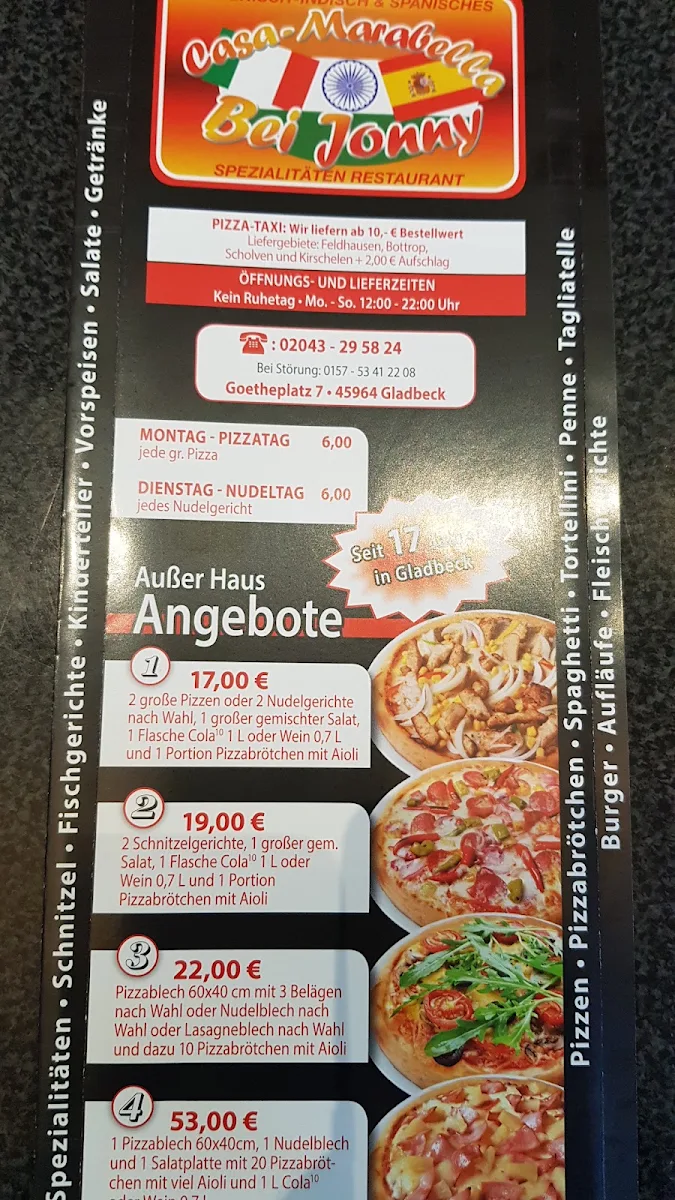 Speisekarte, Pizzeria - Casa Marabella - Bei Jonny