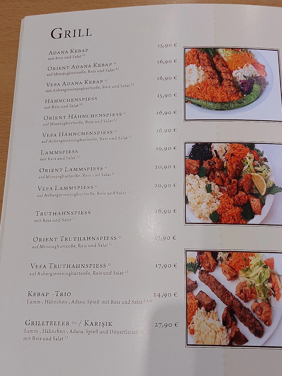 Speisekarte, Vefa Restaurant
