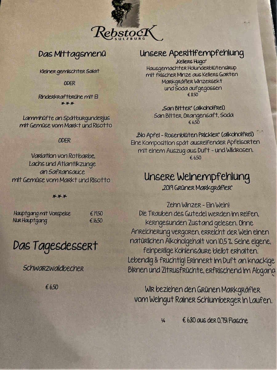 Speisekarte, Hotel Restaurant Landgasthof Rebstock
