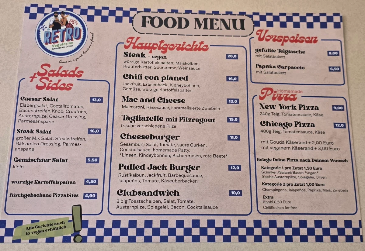 Speisekarte, Mr & Mrs Retro Vegetarian American Diner