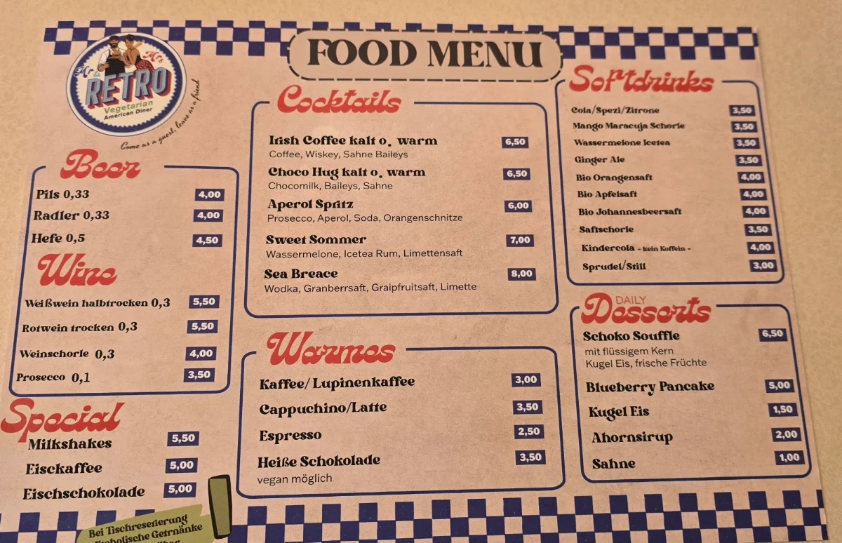 Speisekarte, Mr & Mrs Retro Vegetarian American Diner