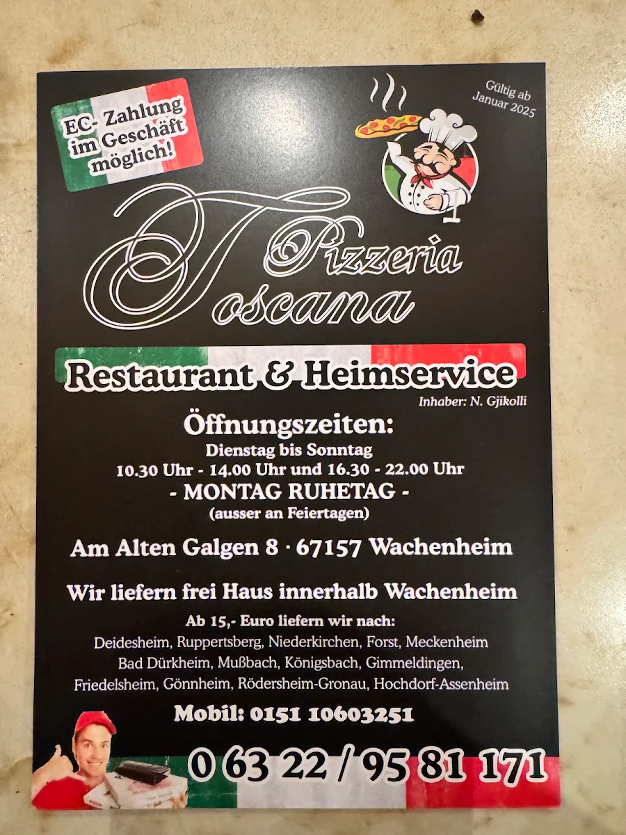 Speisekarte, Pizzeria Toscana