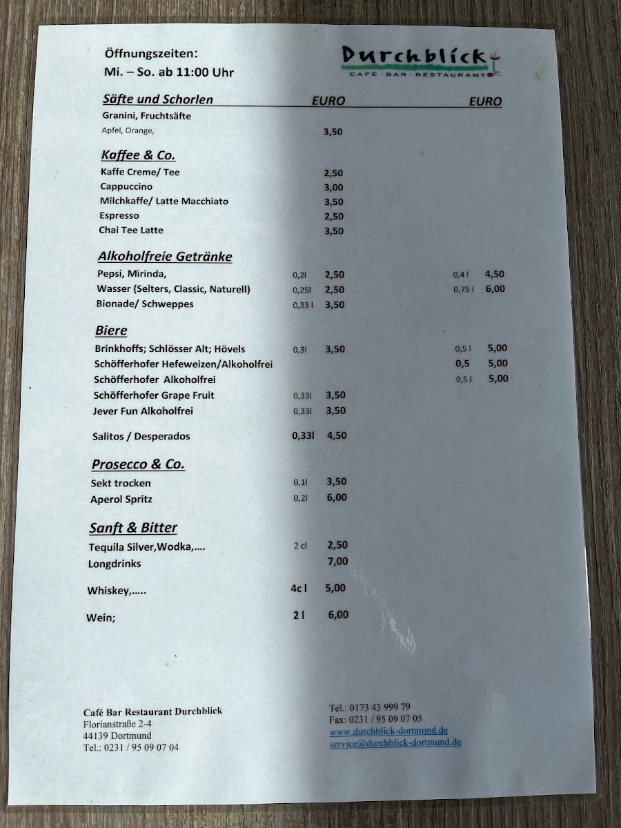 Speisekarte, Cafe Durchblick - Dortmund