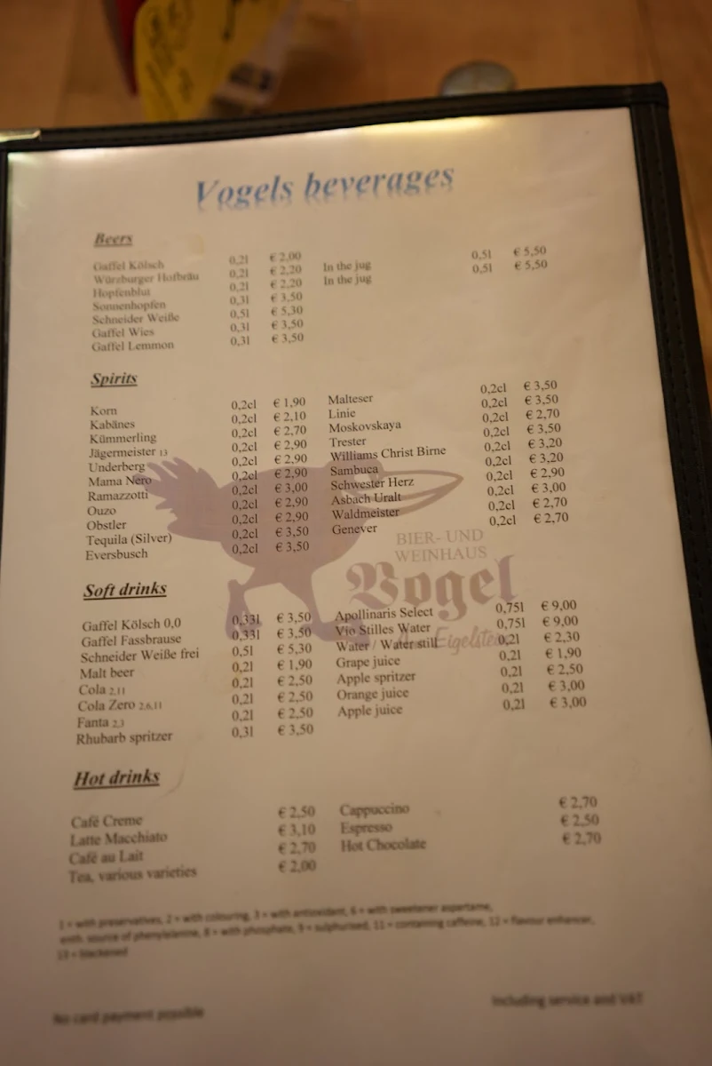 Speisekarte, Weinhaus Vogel