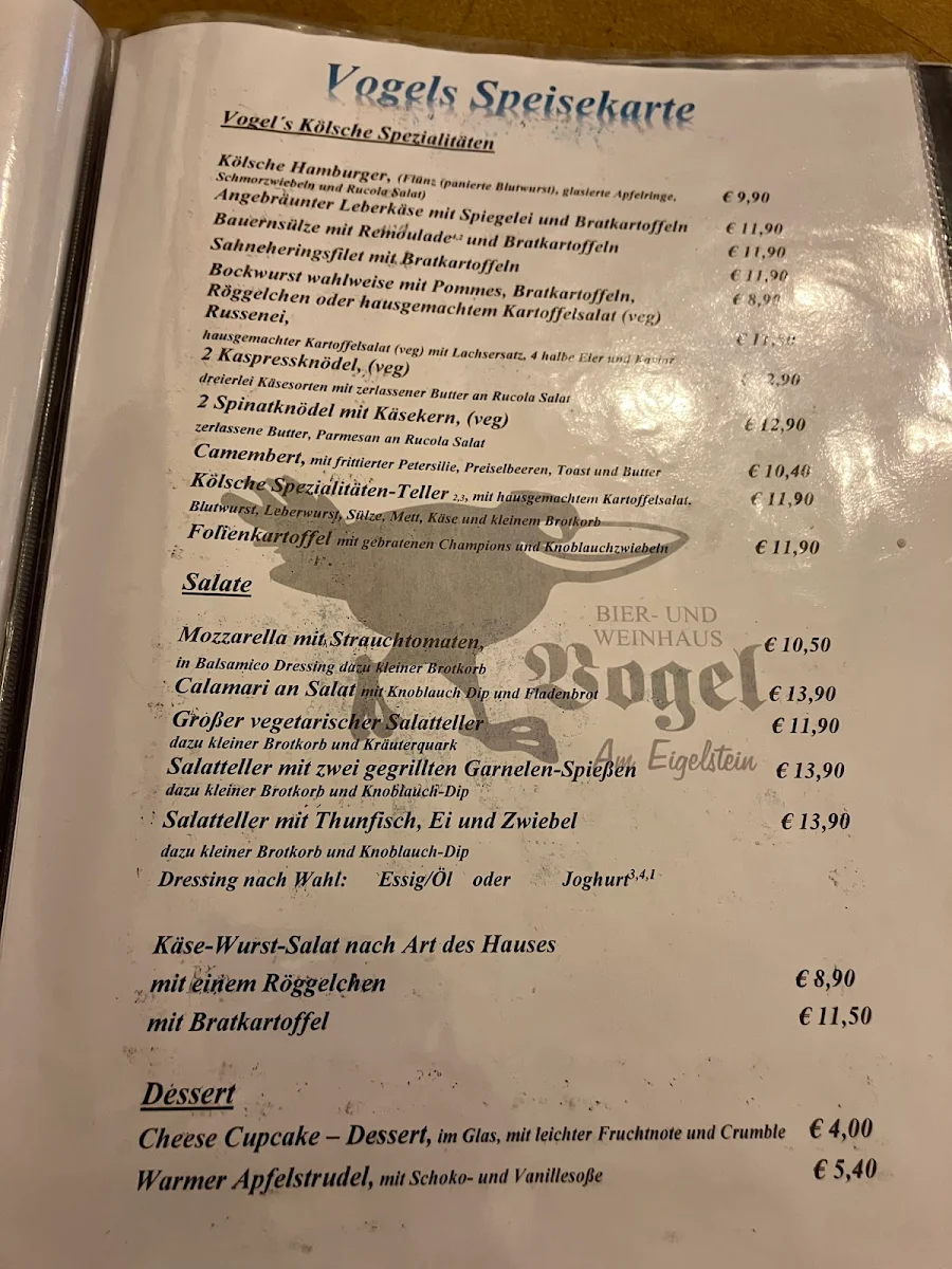 Speisekarte, Weinhaus Vogel