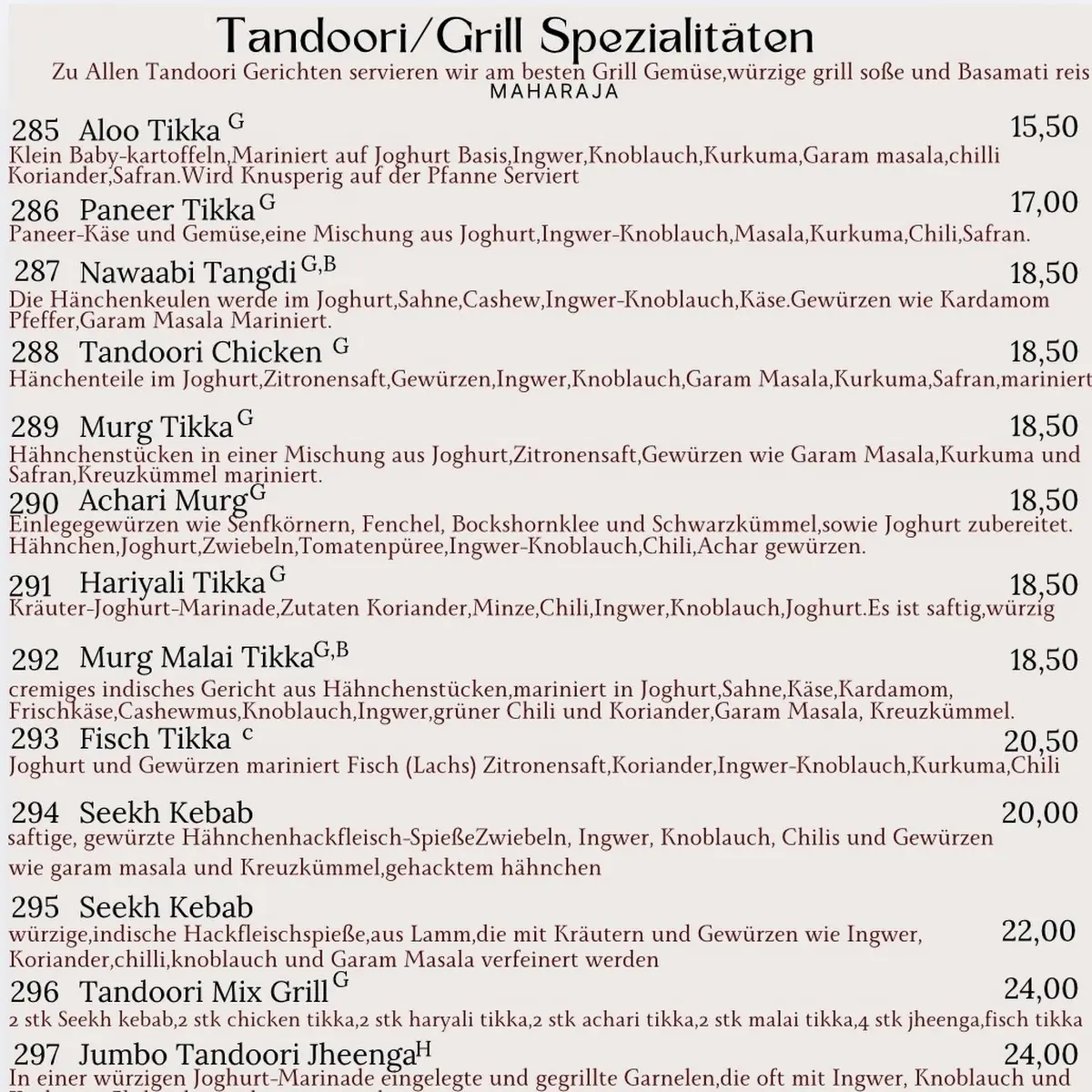 Speisekarte, Maharaja Indisches Restaurant