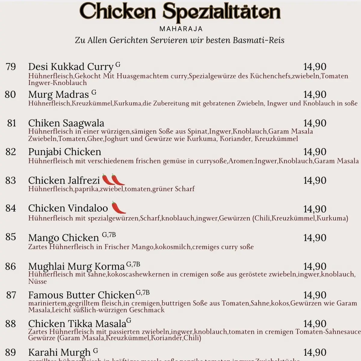 Speisekarte, Maharaja Indisches Restaurant