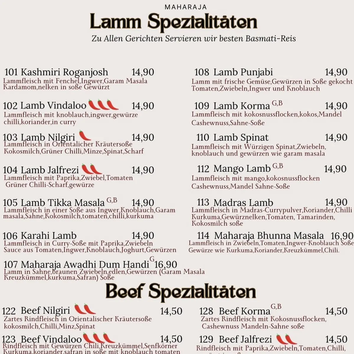 Speisekarte, Maharaja Indisches Restaurant