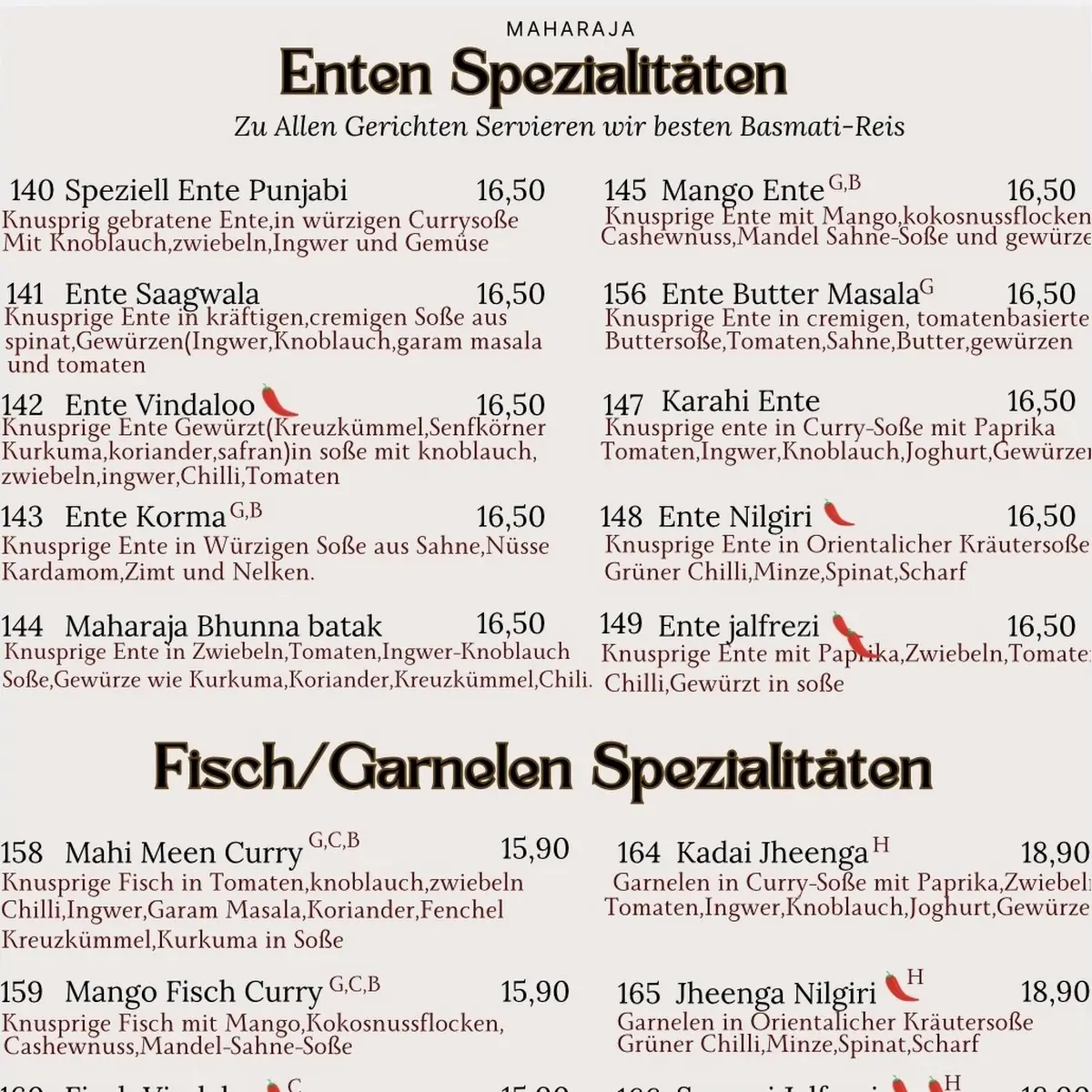 Speisekarte, Maharaja Indisches Restaurant