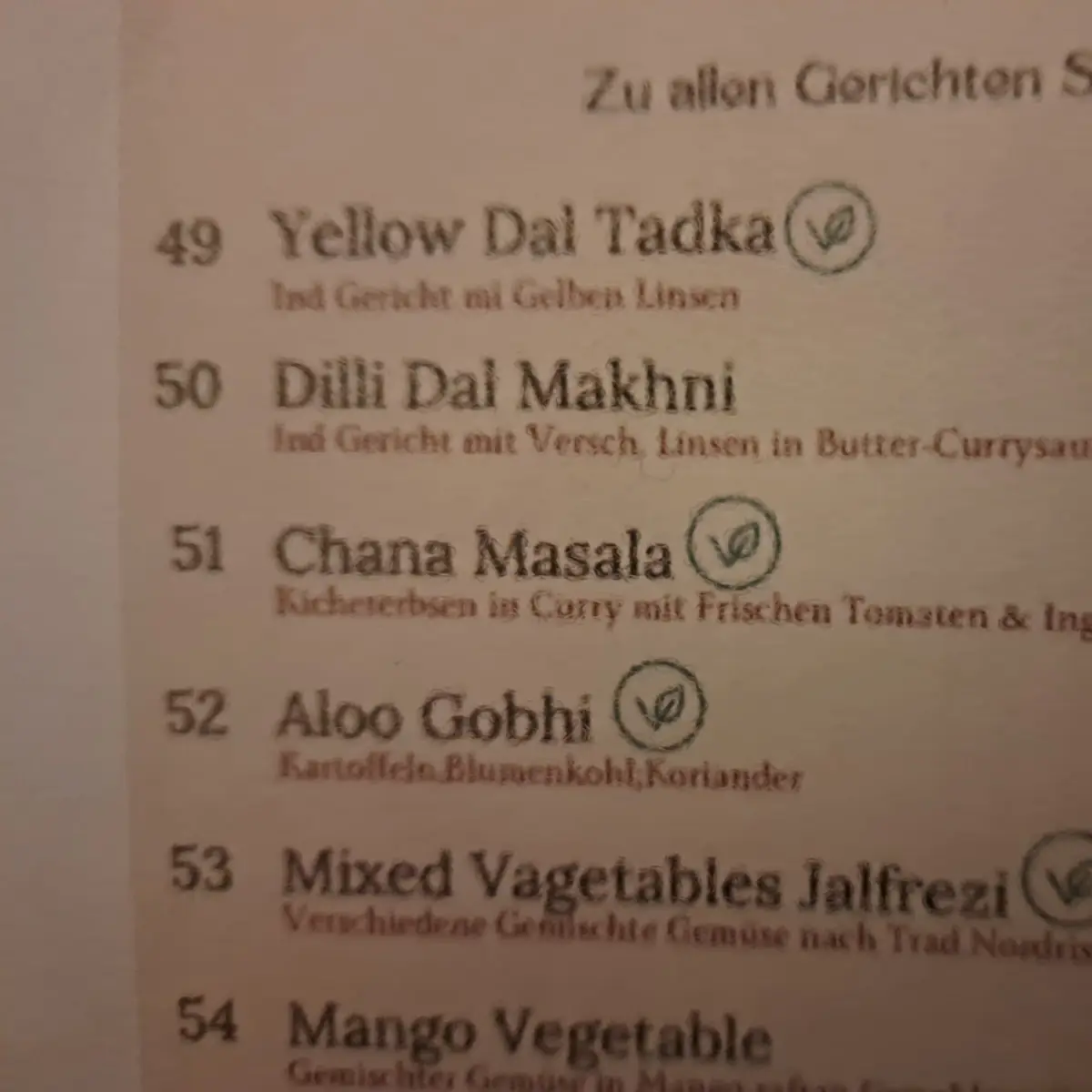 Speisekarte, Maharaja Indisches Restaurant