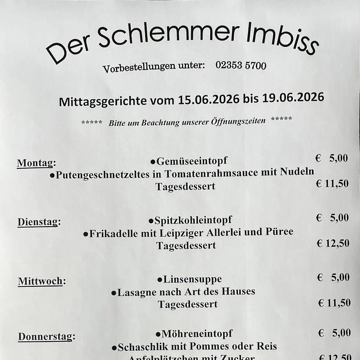Speisekarte, Der Schlemmer Imbiss