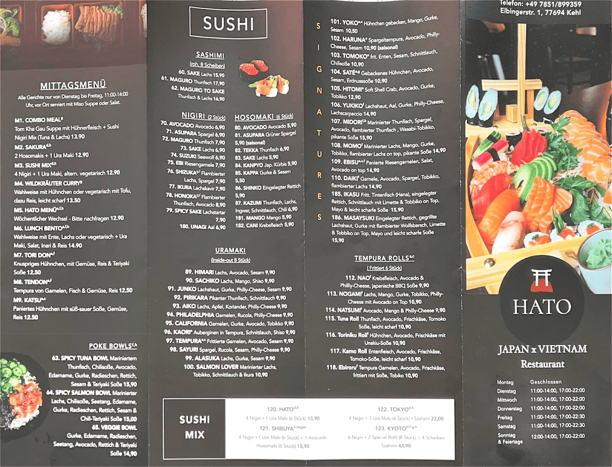 Speisekarte, HATO Restaurant Kehl