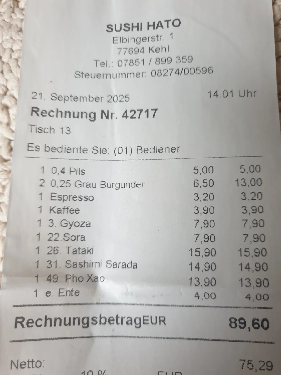 Speisekarte, HATO Restaurant Kehl