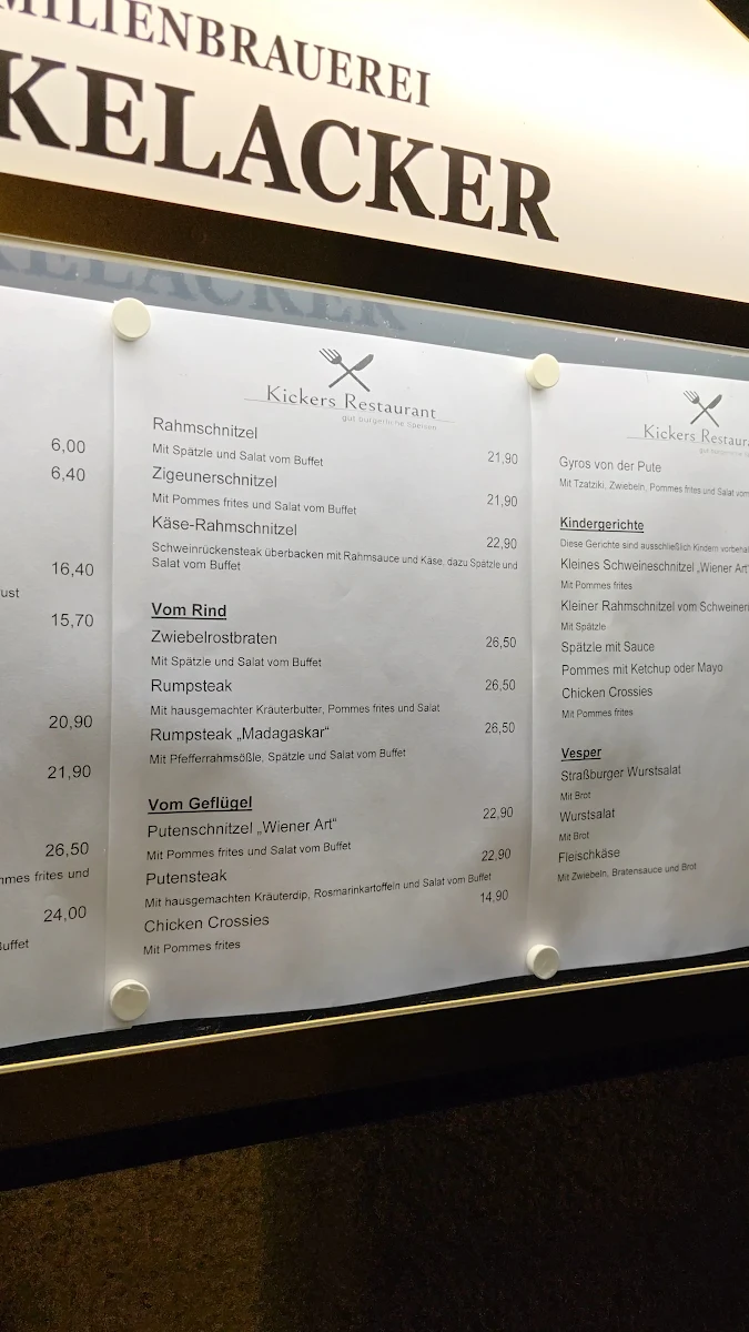 Speisekarte, Kickers Restaurant