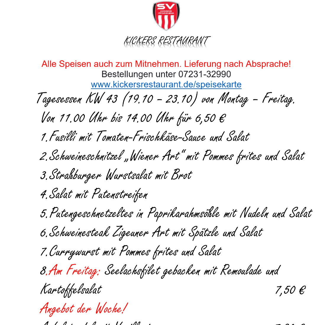 Speisekarte, Kickers Restaurant