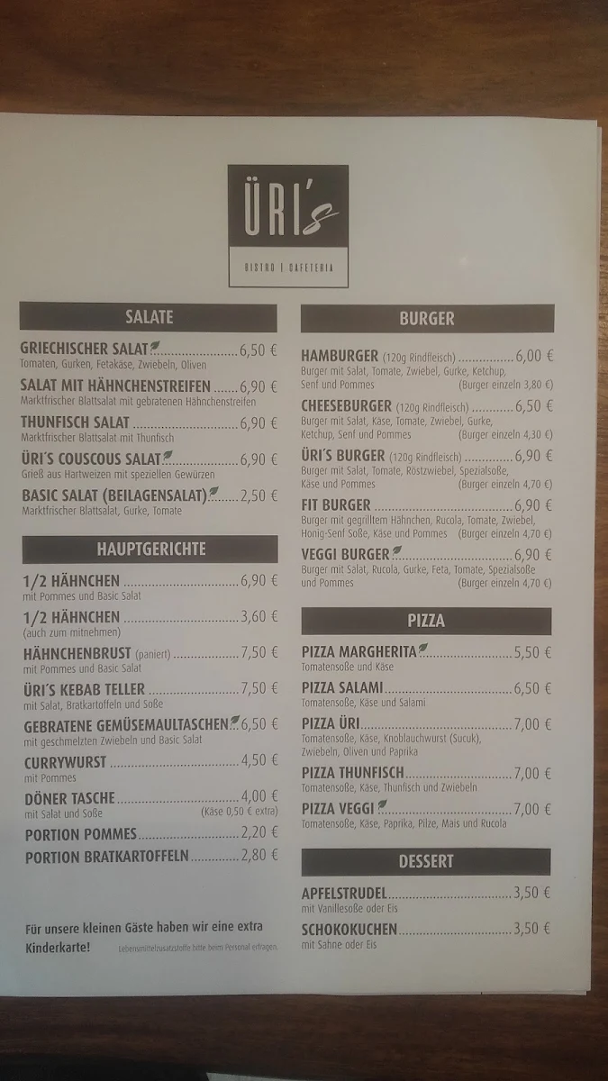 Speisekarte, ÜRI's Bistro - Cafeteria