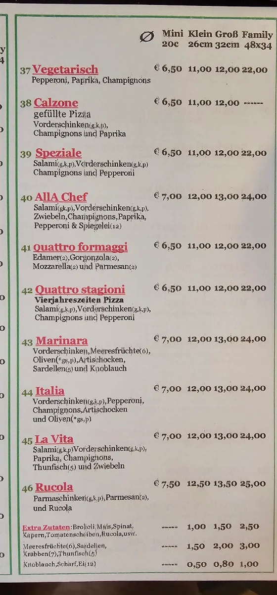 Speisekarte, Pizzeria-Ristorante La Vita