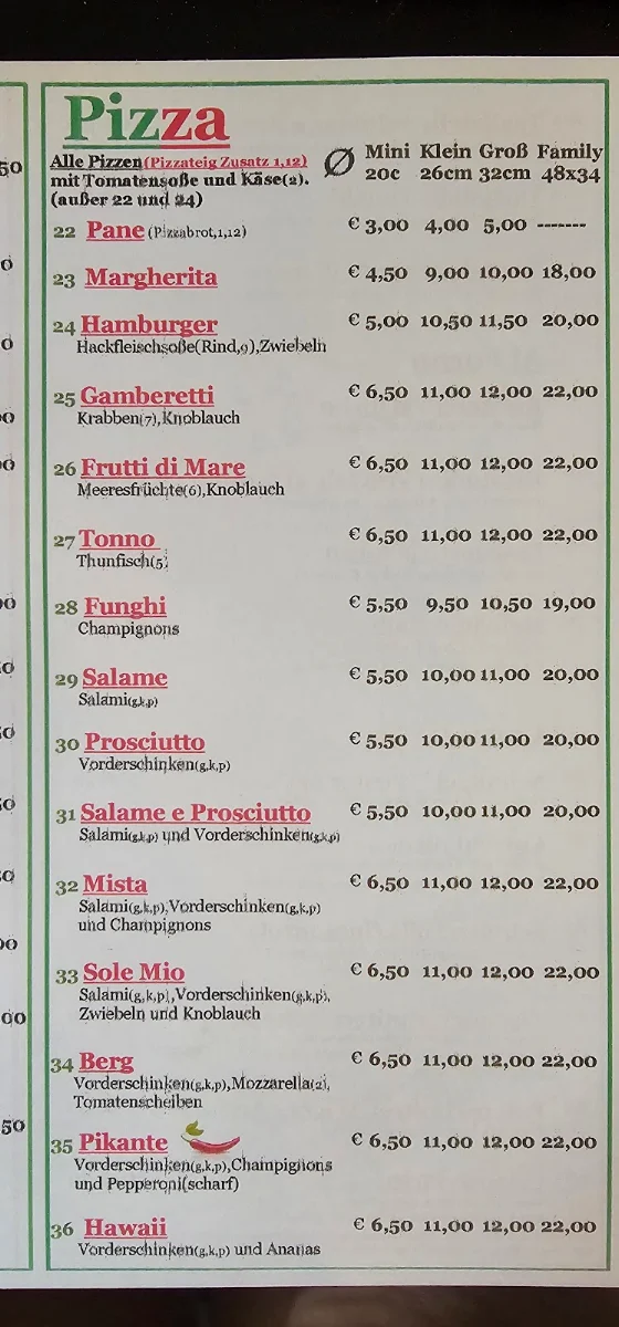Speisekarte, Pizzeria-Ristorante La Vita