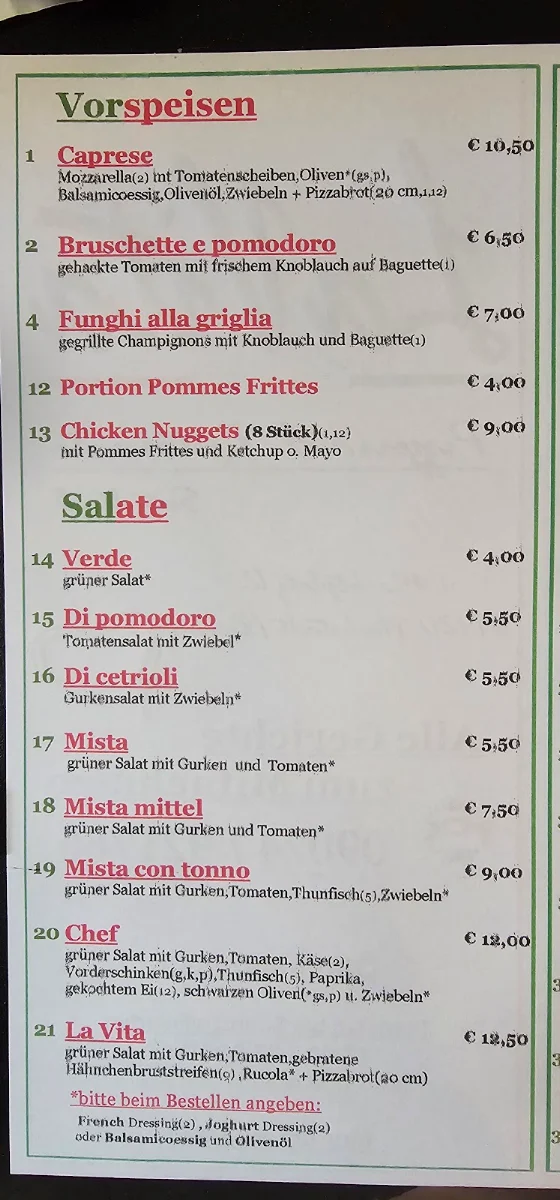 Speisekarte, Pizzeria-Ristorante La Vita