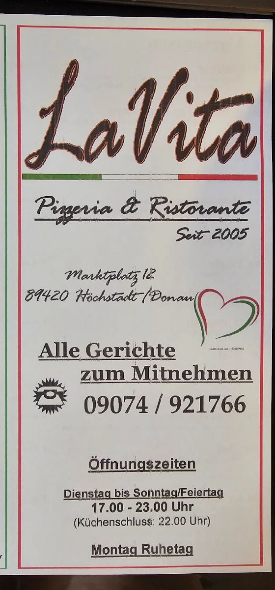 Speisekarte, Pizzeria-Ristorante La Vita