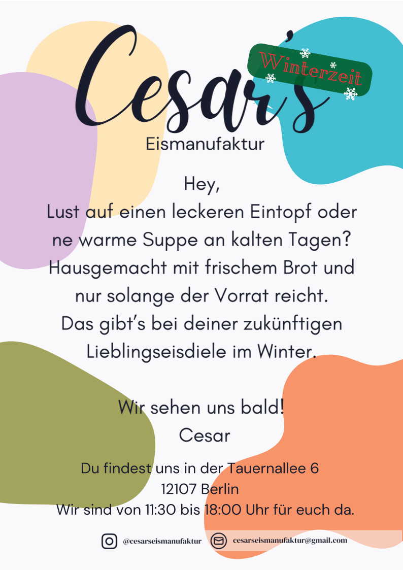 Speisekarte, Cesar’s Eismanufaktur