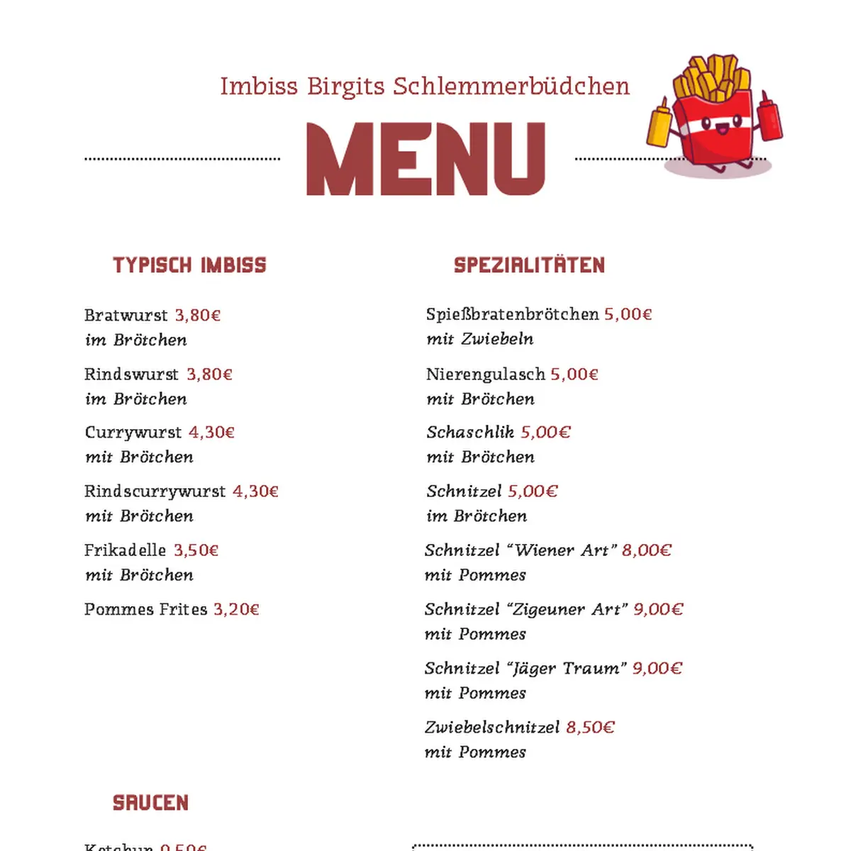 Speisekarte, Birgits Schlemmerbüdchen