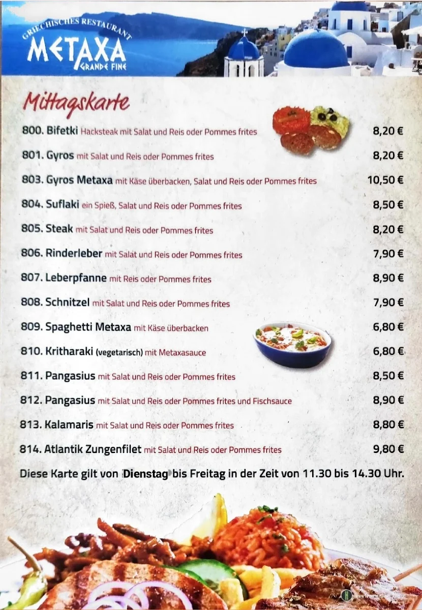 Speisekarte, Restaurant Metaxa Spezial