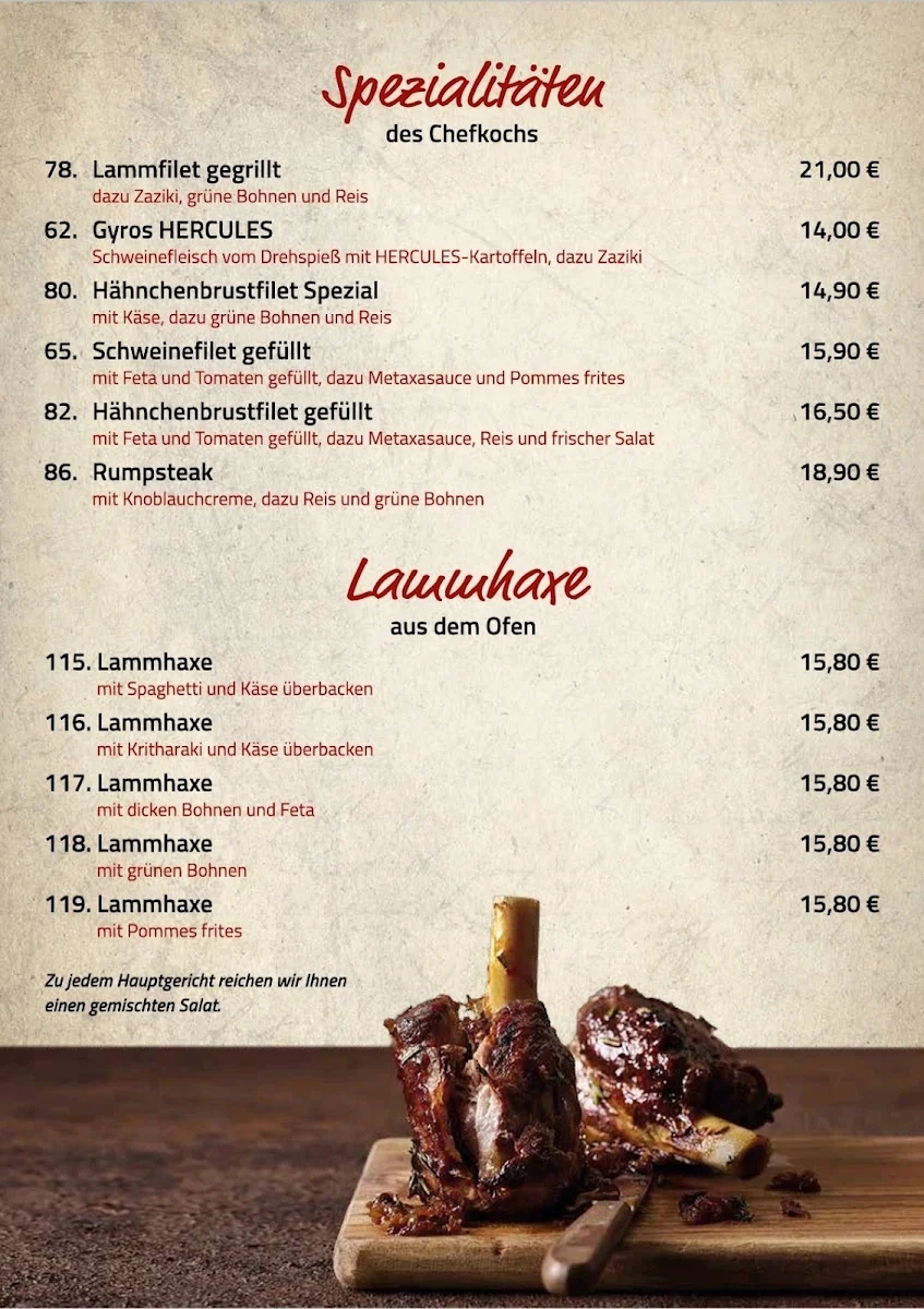 Speisekarte, Restaurant Metaxa Spezial
