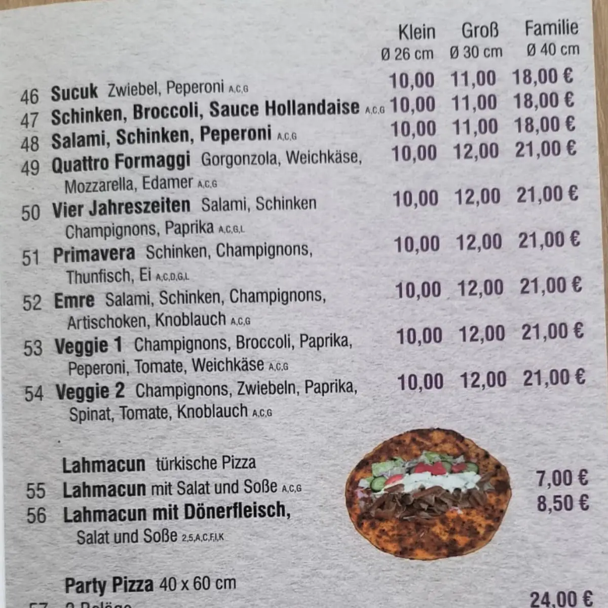 Speisekarte, Pizza Cino
