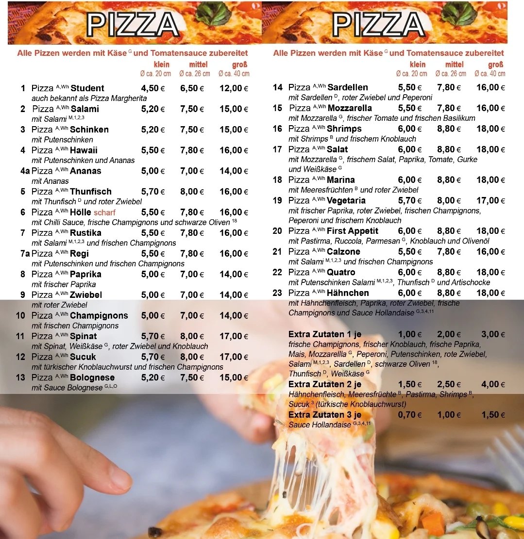 Speisekarte, First Appetit Pizzeria