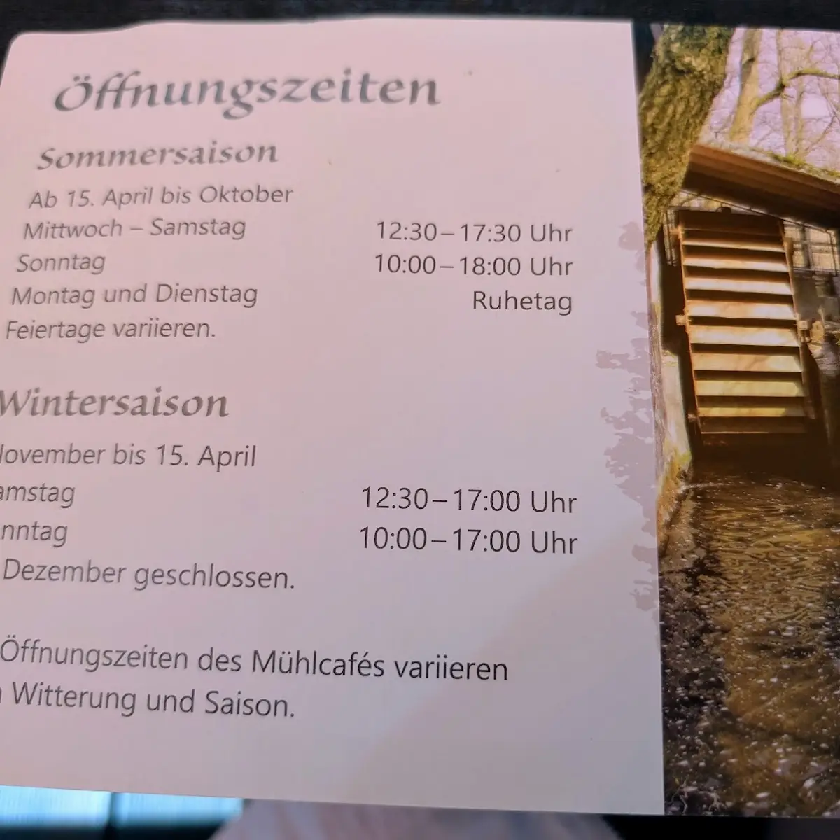 Speisekarte, Mühlcafé - im Holter Wald