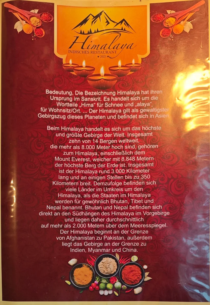 Speisekarte, Himalaya Dresden