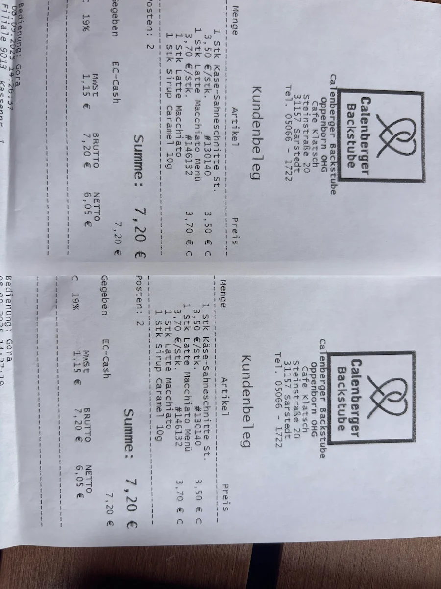 Speisekarte, Calenberger Backstube Oppenborn OHG