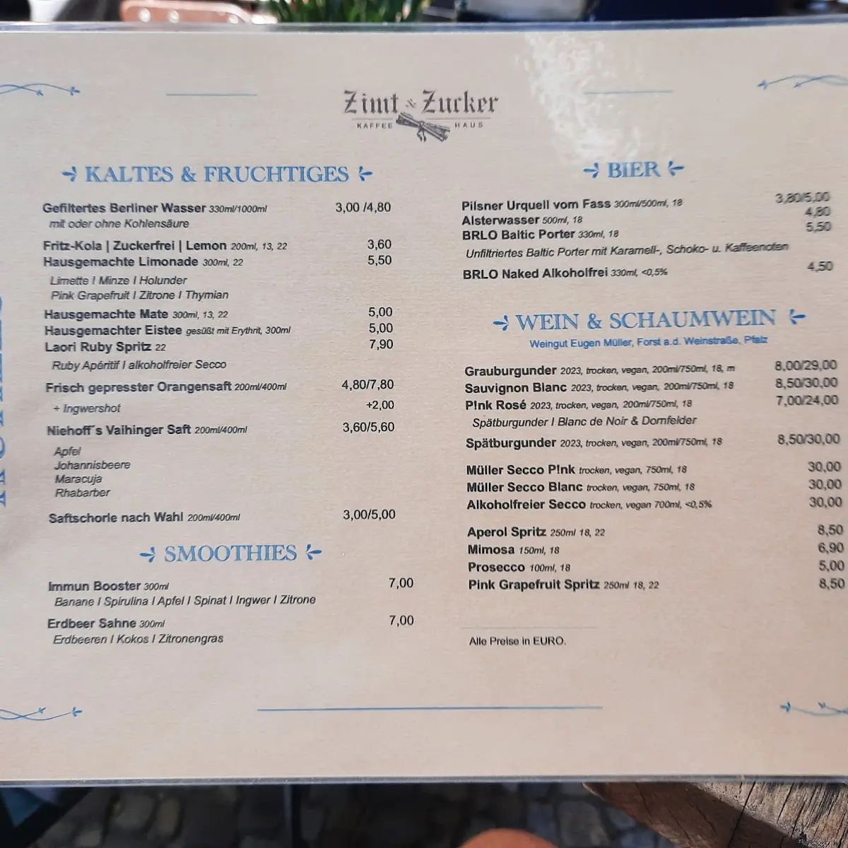 Speisekarte, Zimt & Zucker Kaffeehaus
