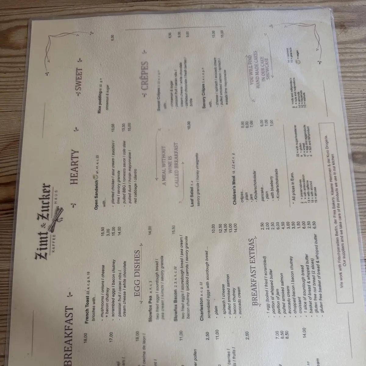 Speisekarte, Zimt & Zucker Kaffeehaus