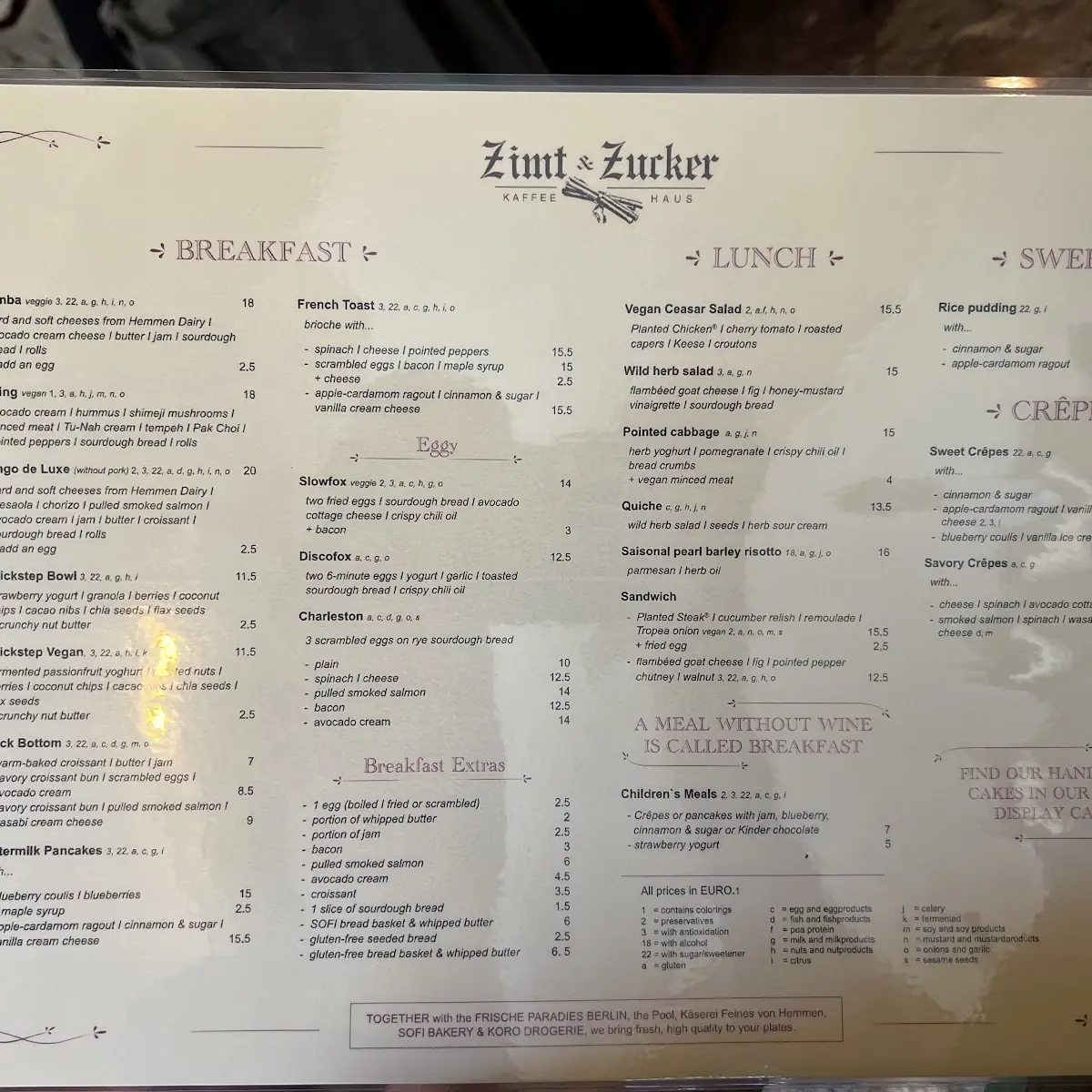 Speisekarte, Zimt & Zucker Kaffeehaus