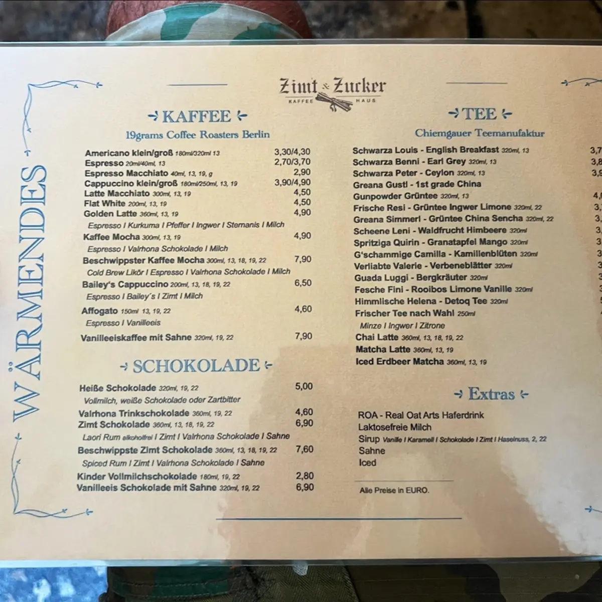 Speisekarte, Zimt & Zucker Kaffeehaus