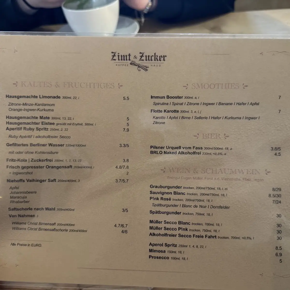 Speisekarte, Zimt & Zucker Kaffeehaus