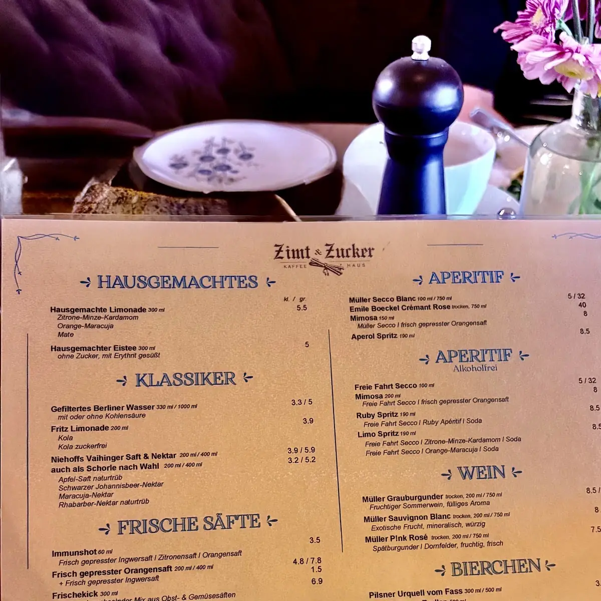 Speisekarte, Zimt & Zucker Kaffeehaus